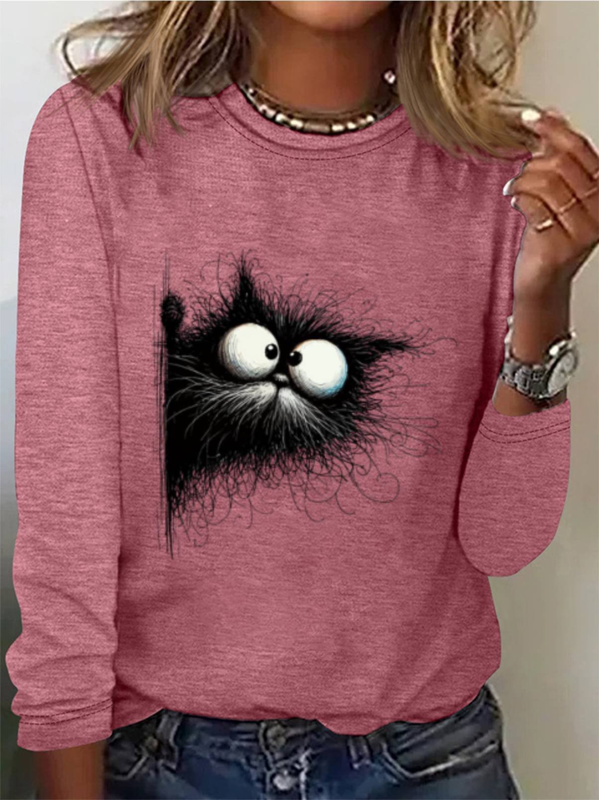 Women's Cute Cat Print Tee Animal Print Long Sleeve Casual Funny T-Shirt