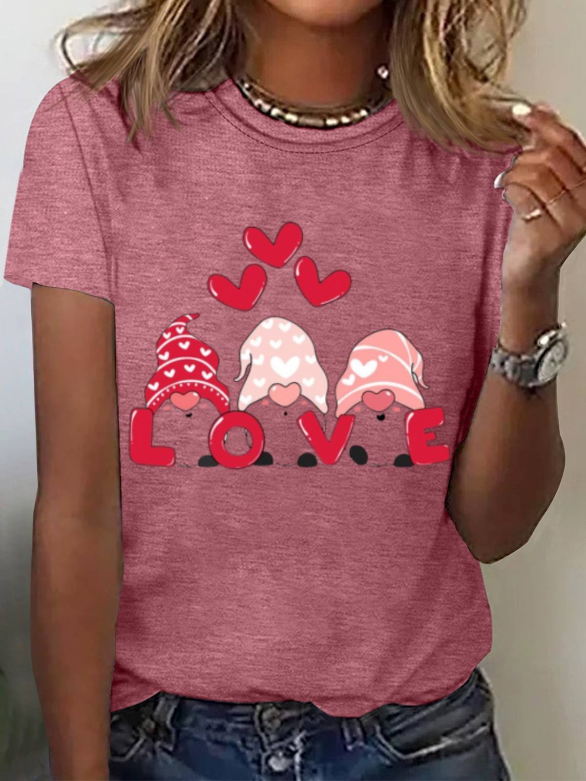 Women's Valentine's Day Tee Love Heart Print Short Sleeve Cute T-shirt