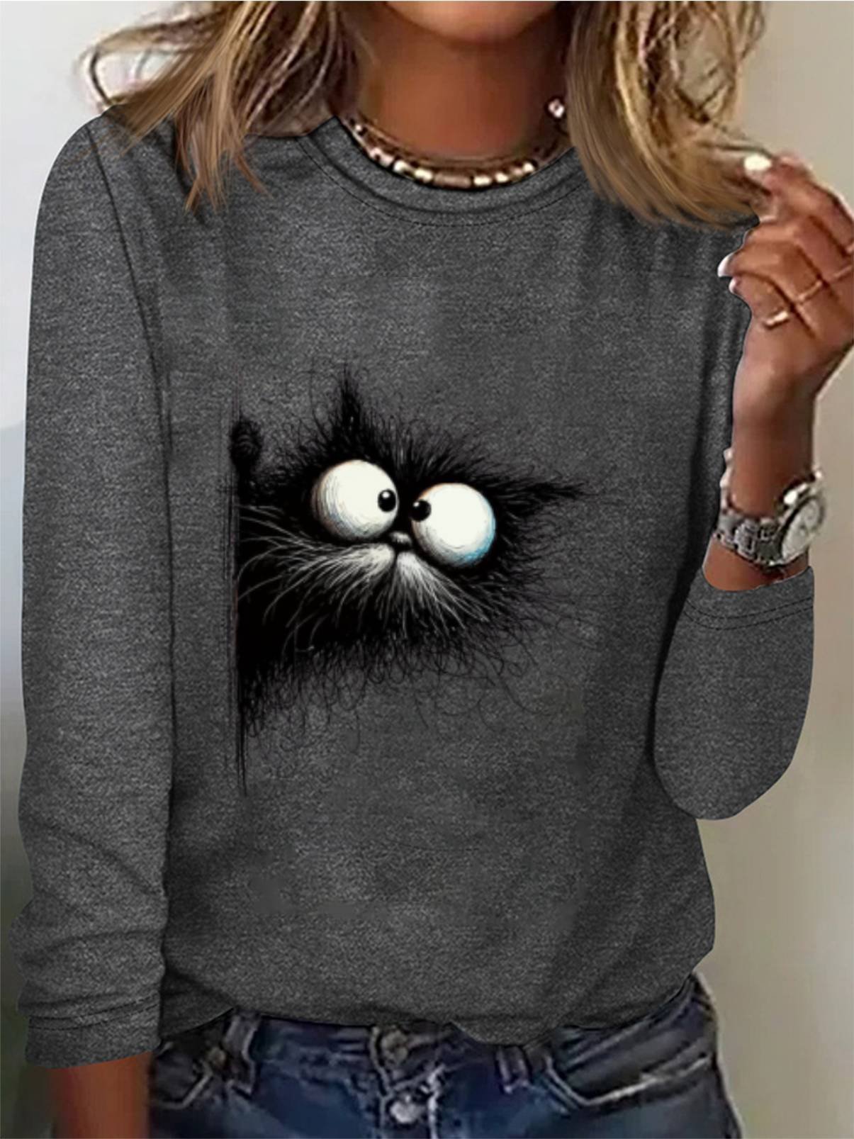 Women's Cute Cat Print Tee Animal Print Long Sleeve Casual Funny T-Shirt