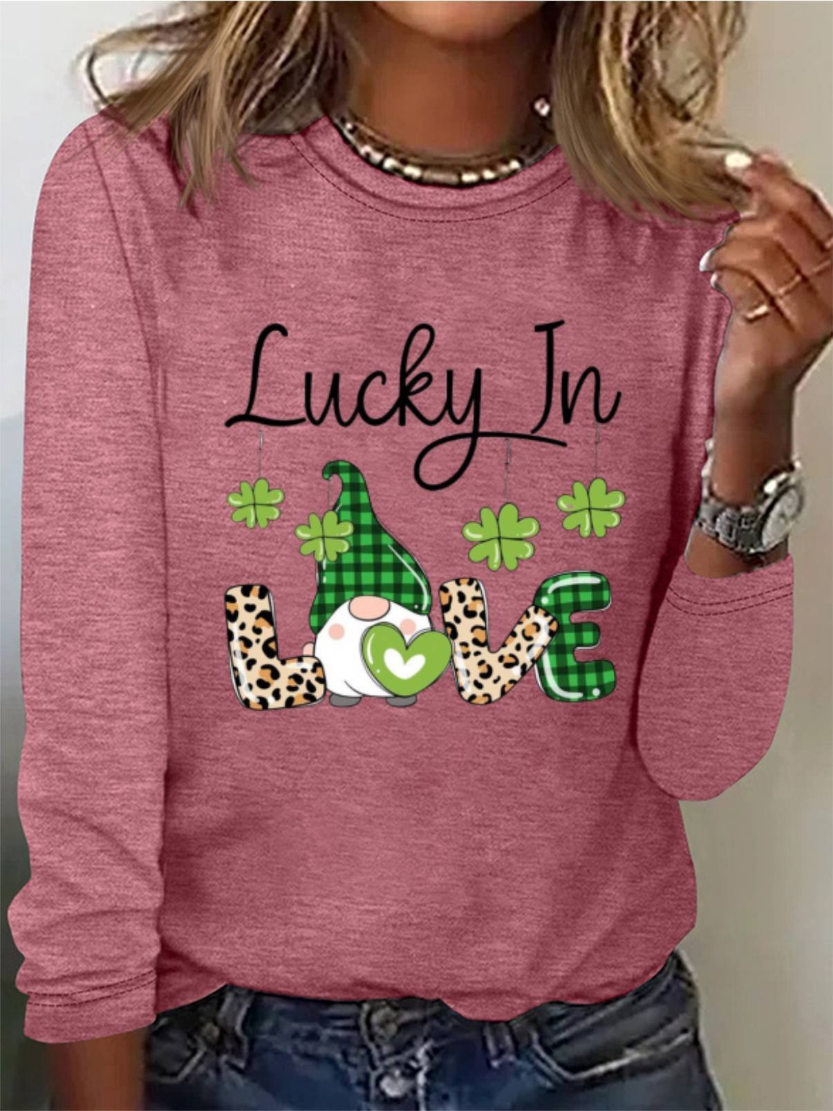 St. Patrick's Day Four Leaf Clover Print Long Sleeve Crew Neck T-shirt