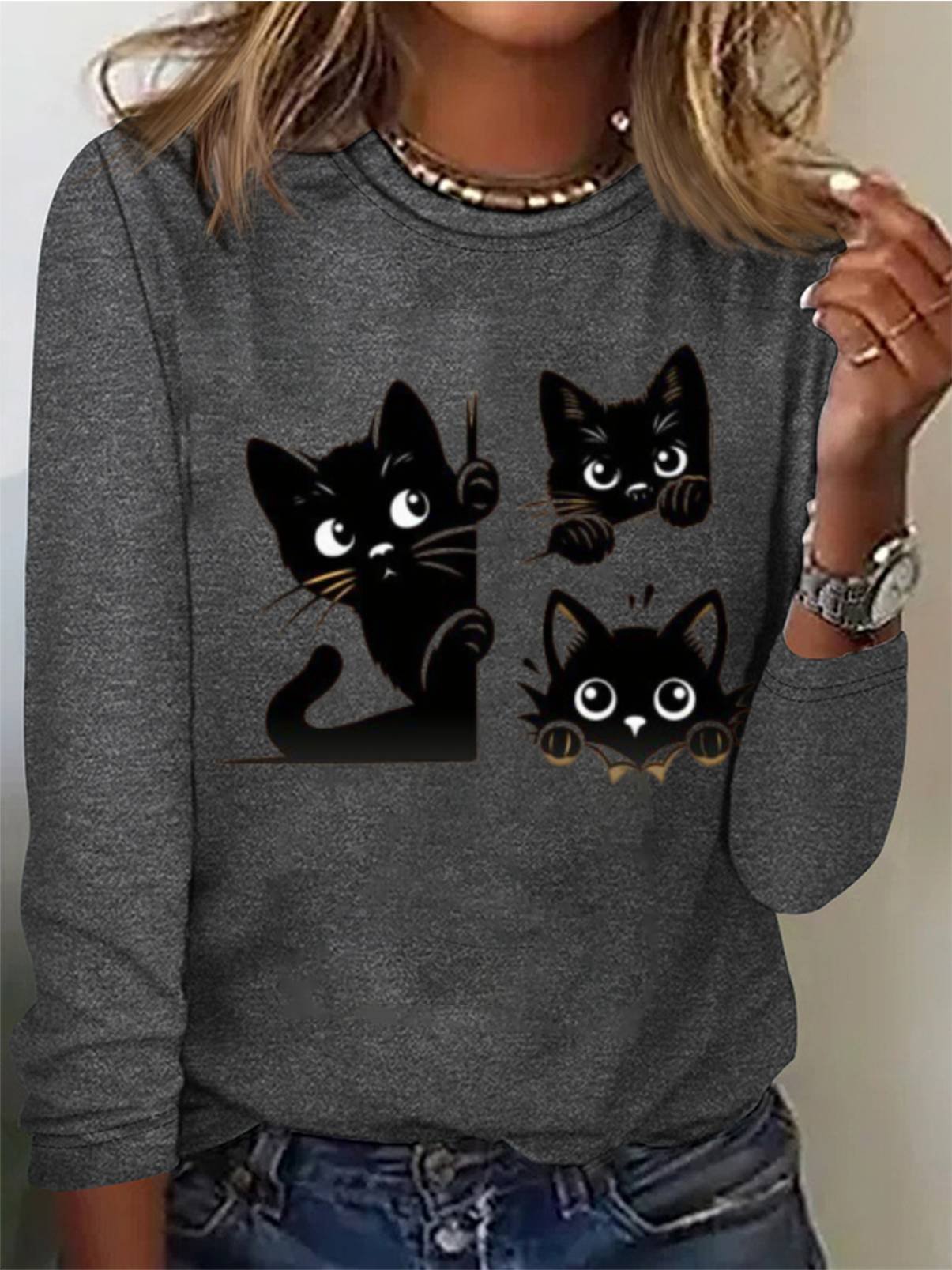 Women's Cute Black Cat Print Tee Long Sleeve Casual T-Shirt