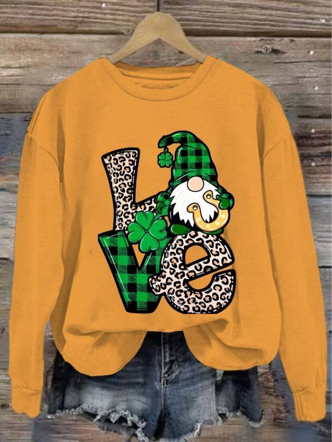 Women's Love Leopard Print Sweatshirt St. Patrick's Day Four-Leaf Clover Crew Neck Sweatshirt