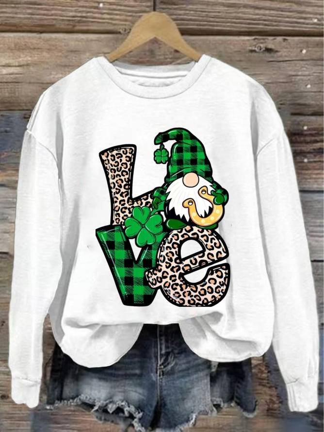 Women's Love Leopard Print Sweatshirt St. Patrick's Day Four-Leaf Clover Crew Neck Sweatshirt