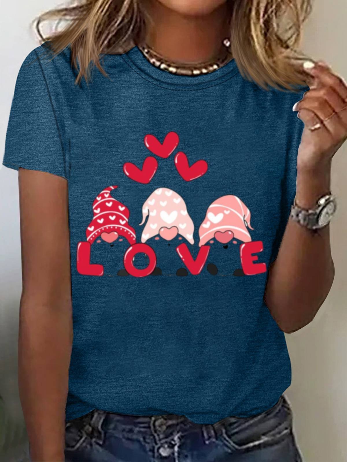 Women's Valentine's Day Tee Love Heart Print Short Sleeve Cute T-shirt