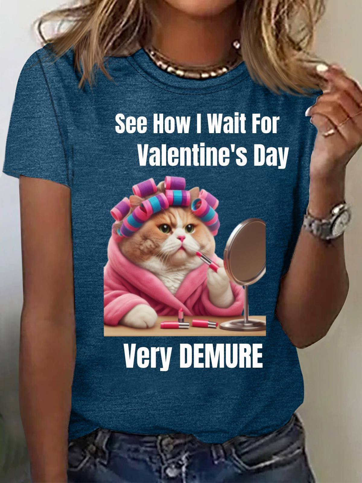 See How I Wait For Valentine's Day Tee Funny Cute Cat Print Casual Short Sleeve Summer T-Shirt