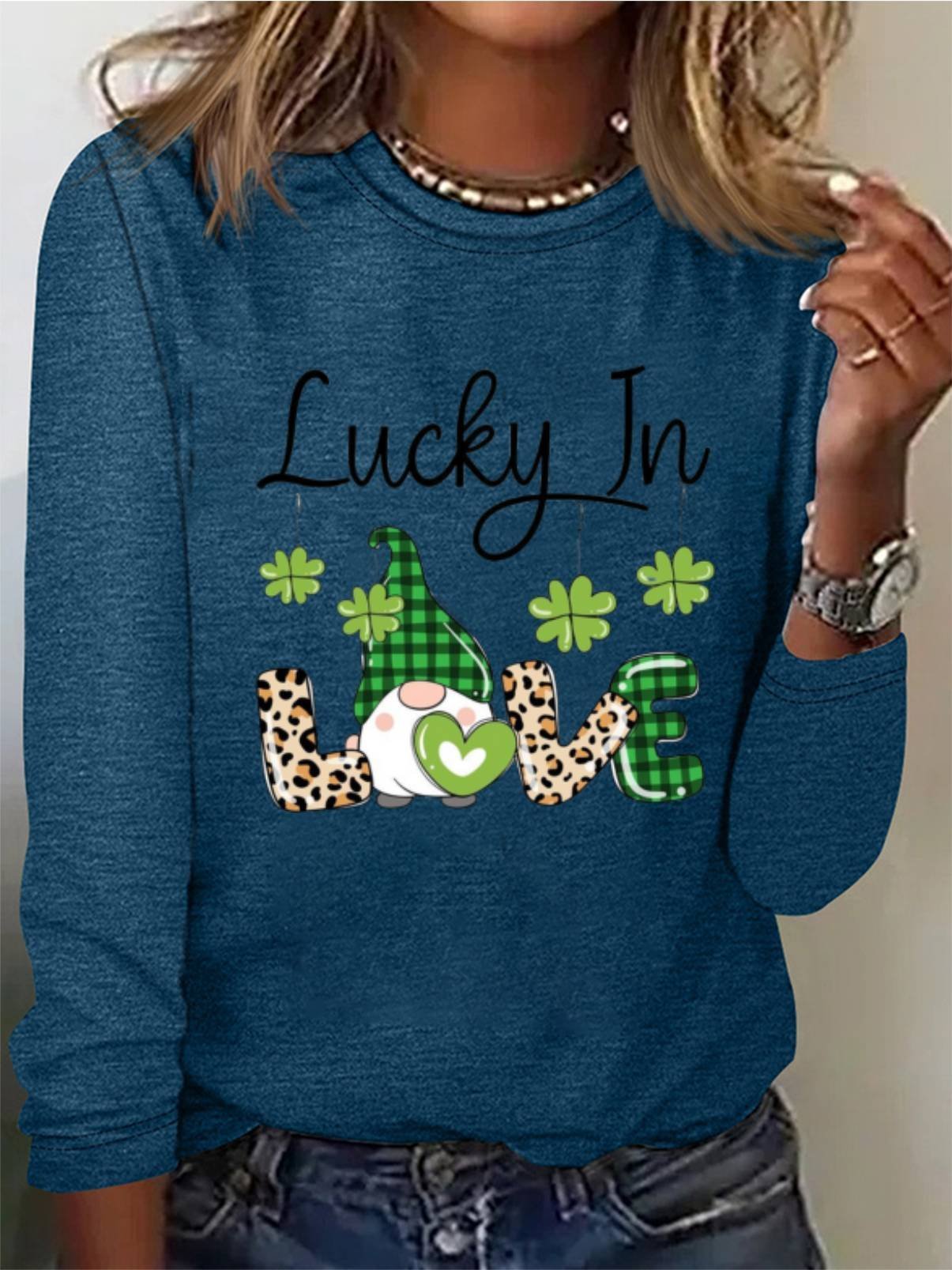 St. Patrick's Day Four Leaf Clover Print Long Sleeve Crew Neck T-shirt