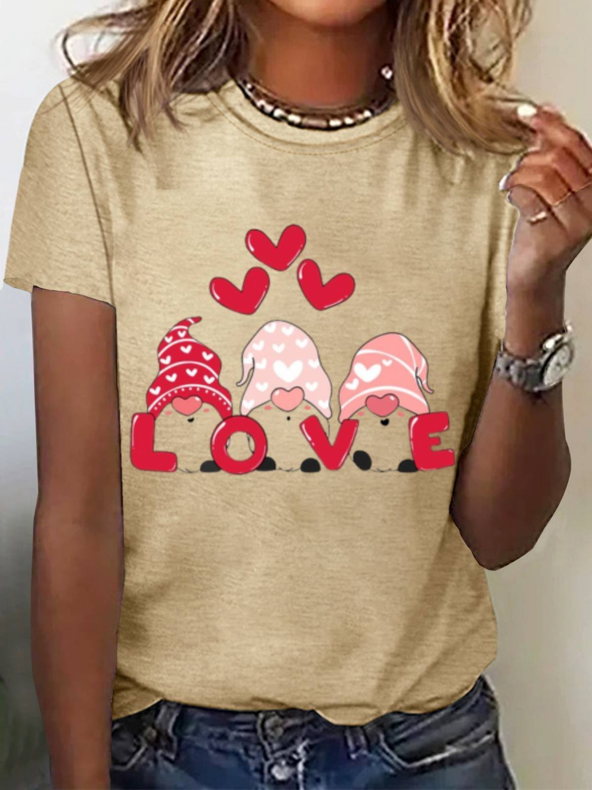 Women's Valentine's Day Tee Love Heart Print Short Sleeve Cute T-shirt