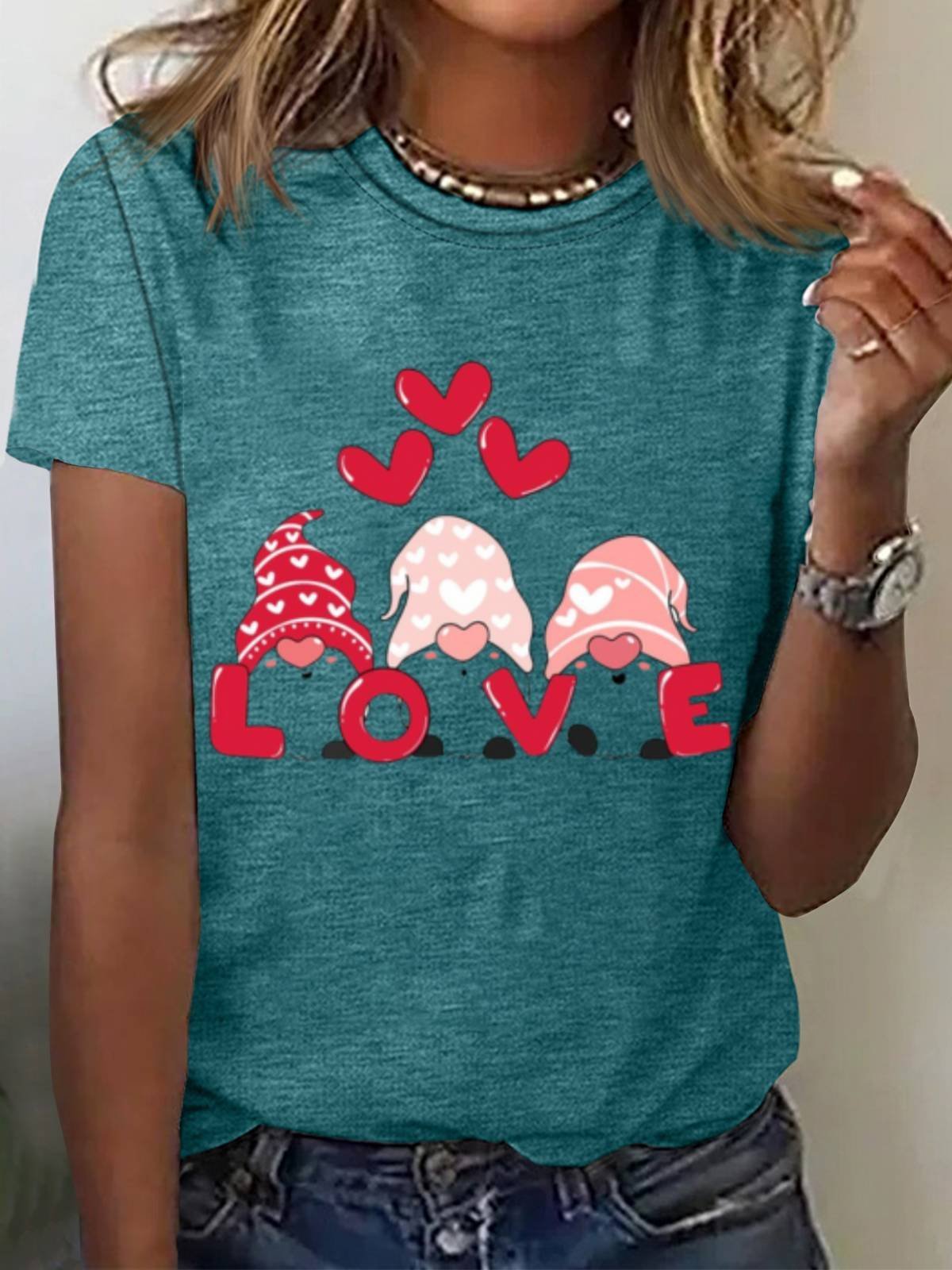 Women's Valentine's Day Tee Love Heart Print Short Sleeve Cute T-shirt