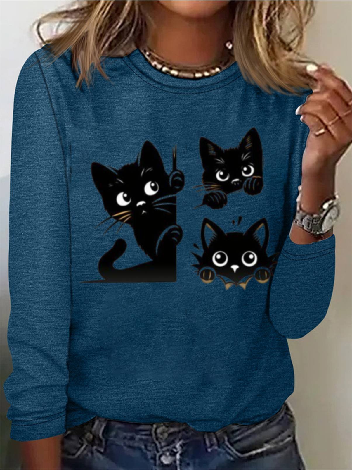 Women's Cute Black Cat Print Tee Long Sleeve Casual T-Shirt