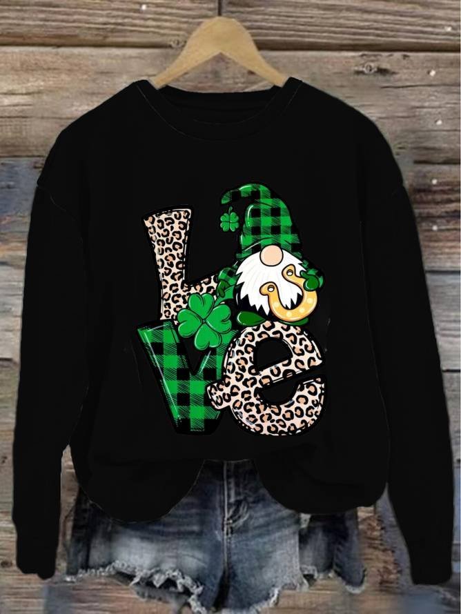 Women's Love Leopard Print Sweatshirt St. Patrick's Day Four-Leaf Clover Crew Neck Sweatshirt