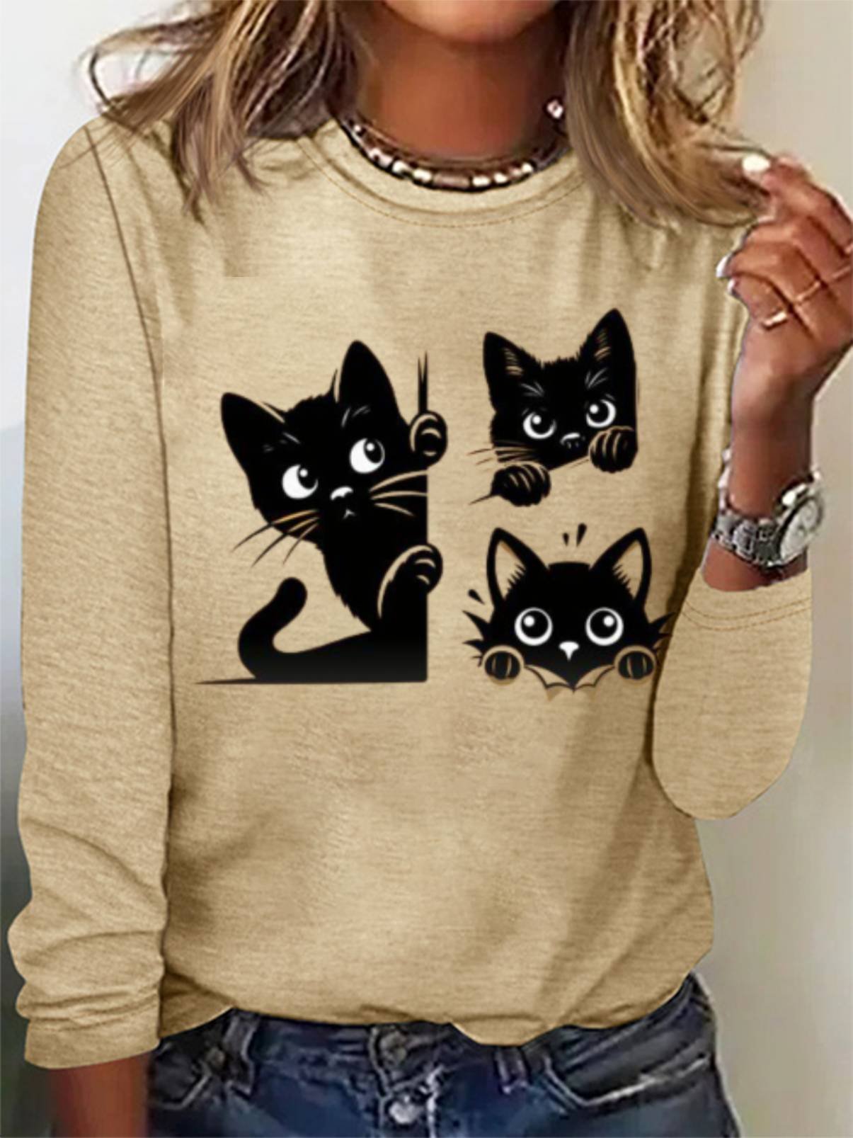 Women's Cute Black Cat Print Tee Long Sleeve Casual T-Shirt