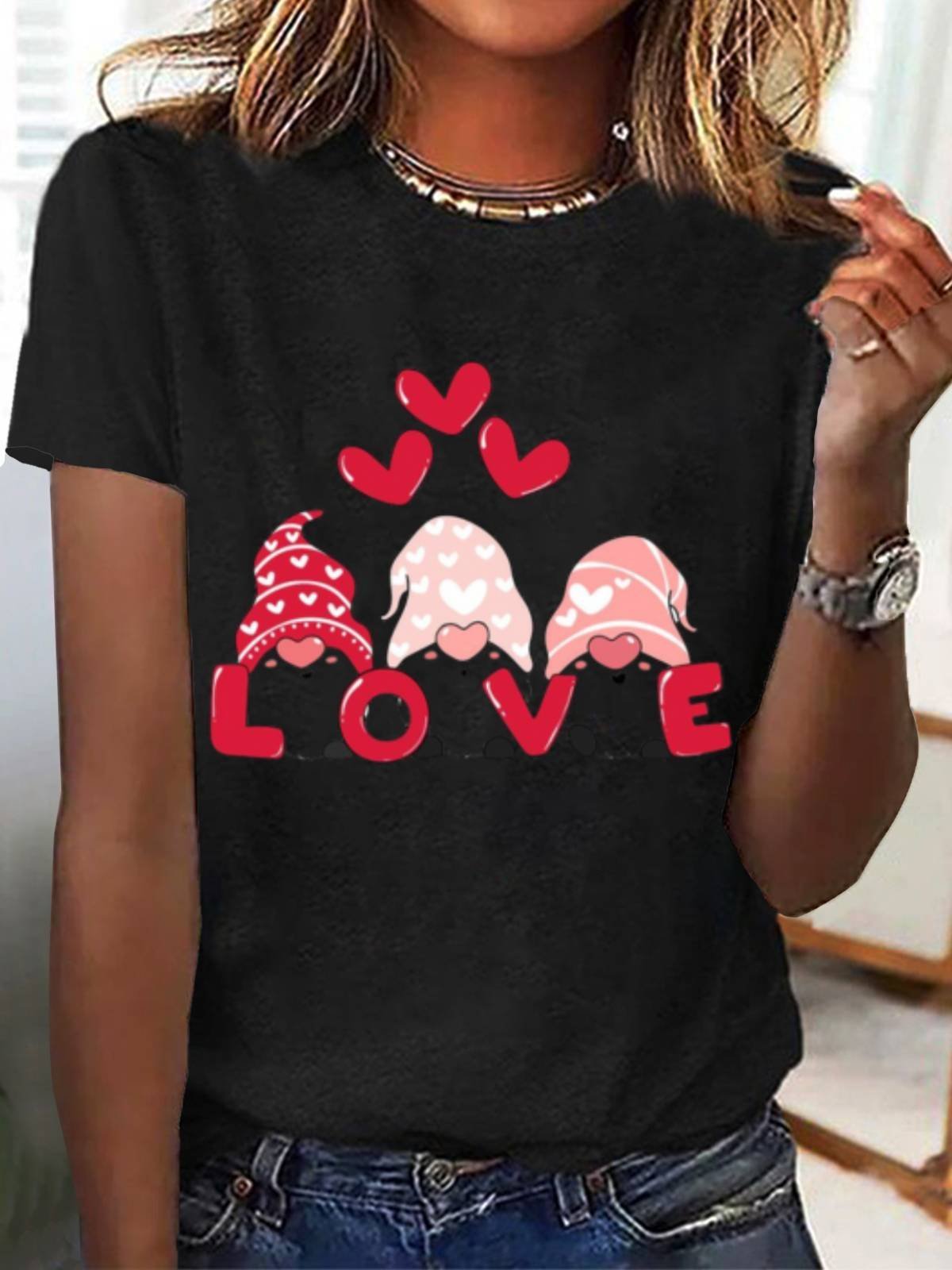 Women's Valentine's Day Tee Love Heart Print Short Sleeve Cute T-shirt