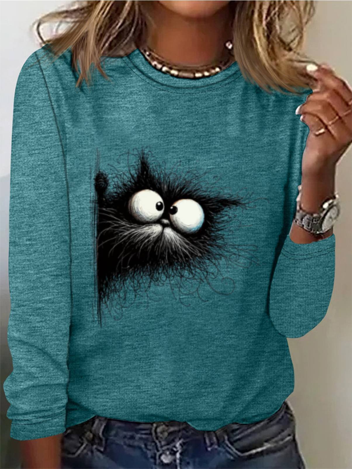 Women's Cute Cat Print Tee Animal Print Long Sleeve Casual Funny T-Shirt