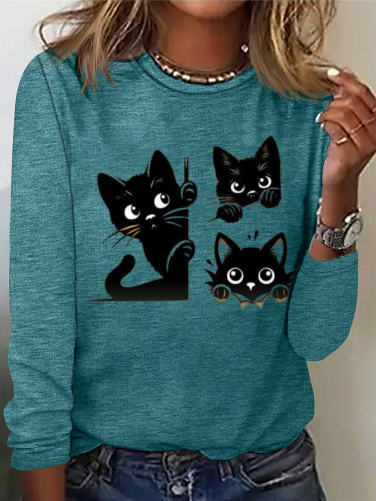 Women's Cute Black Cat Print Tee Long Sleeve Casual T-Shirt