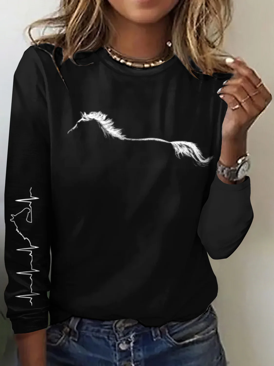 Western style horse projection pattern long sleeved T-shirt