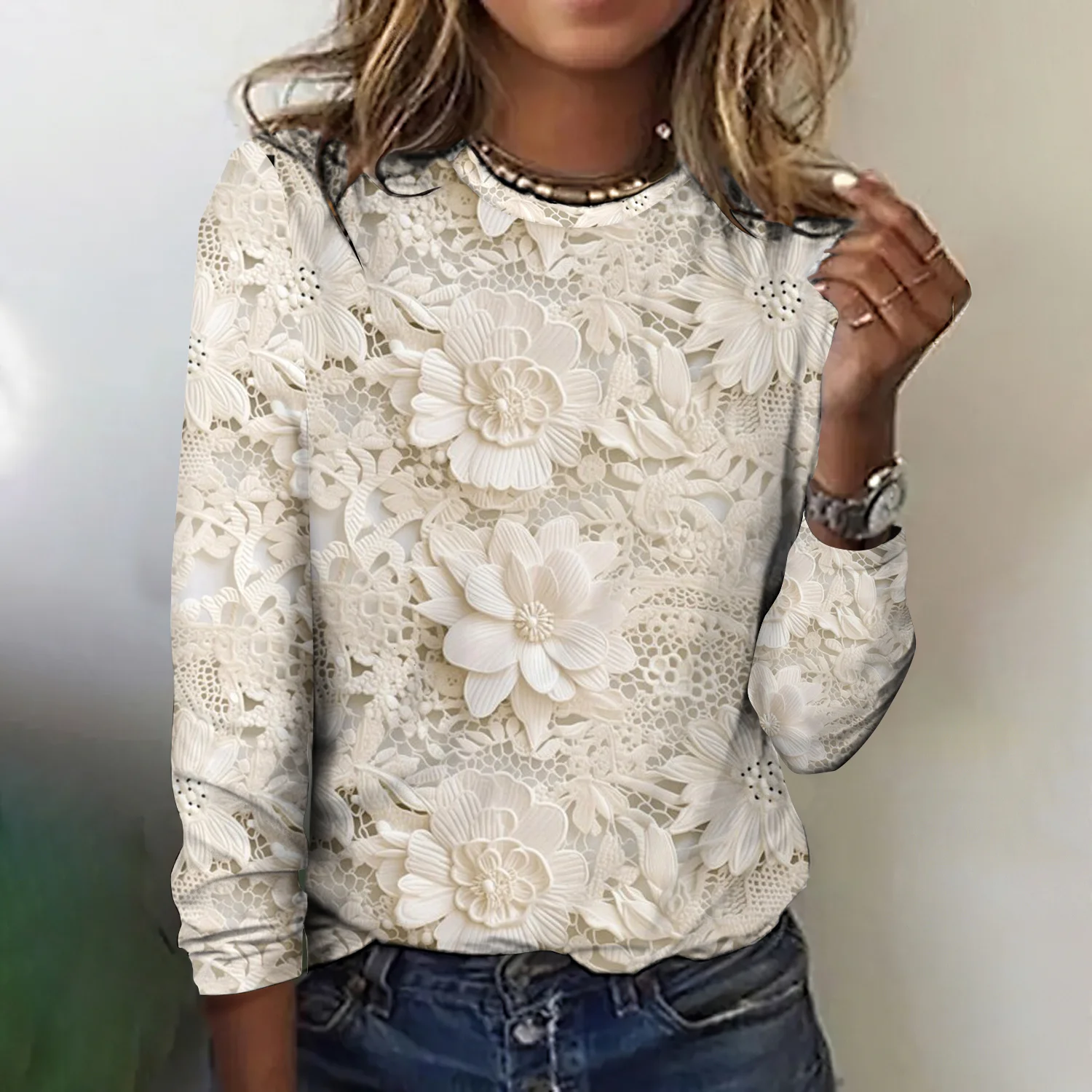 Retro lace floral casual long sleeved T-shirt