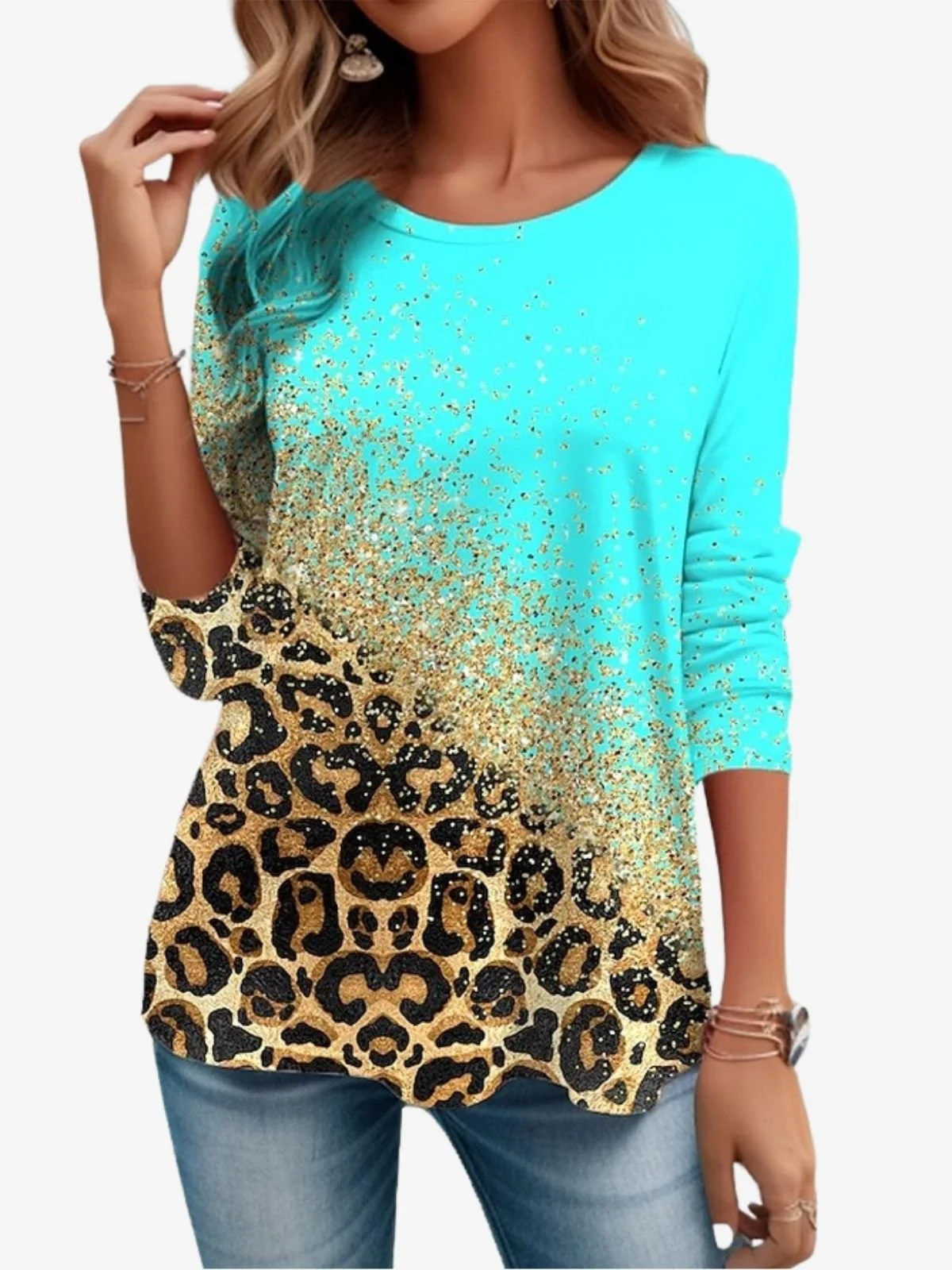 Leopard Print Contrast Design Round Neck Casual T-Shirt