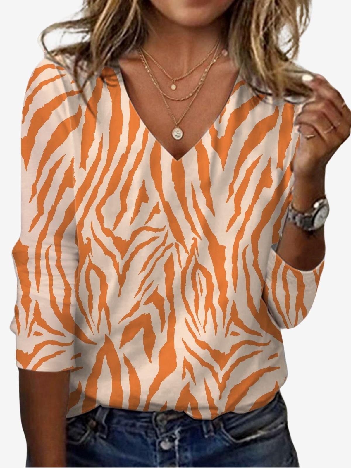 Zebra Print Long Sleeve V-Neck T-shirt