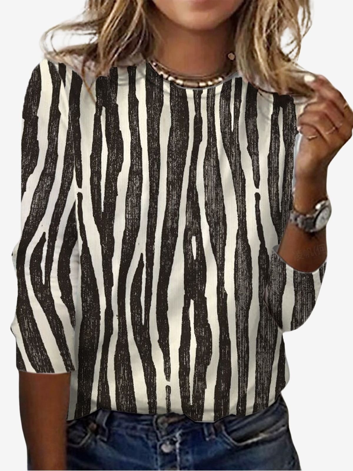 Zebra Print Long Sleeve Crew Neck T-shirt