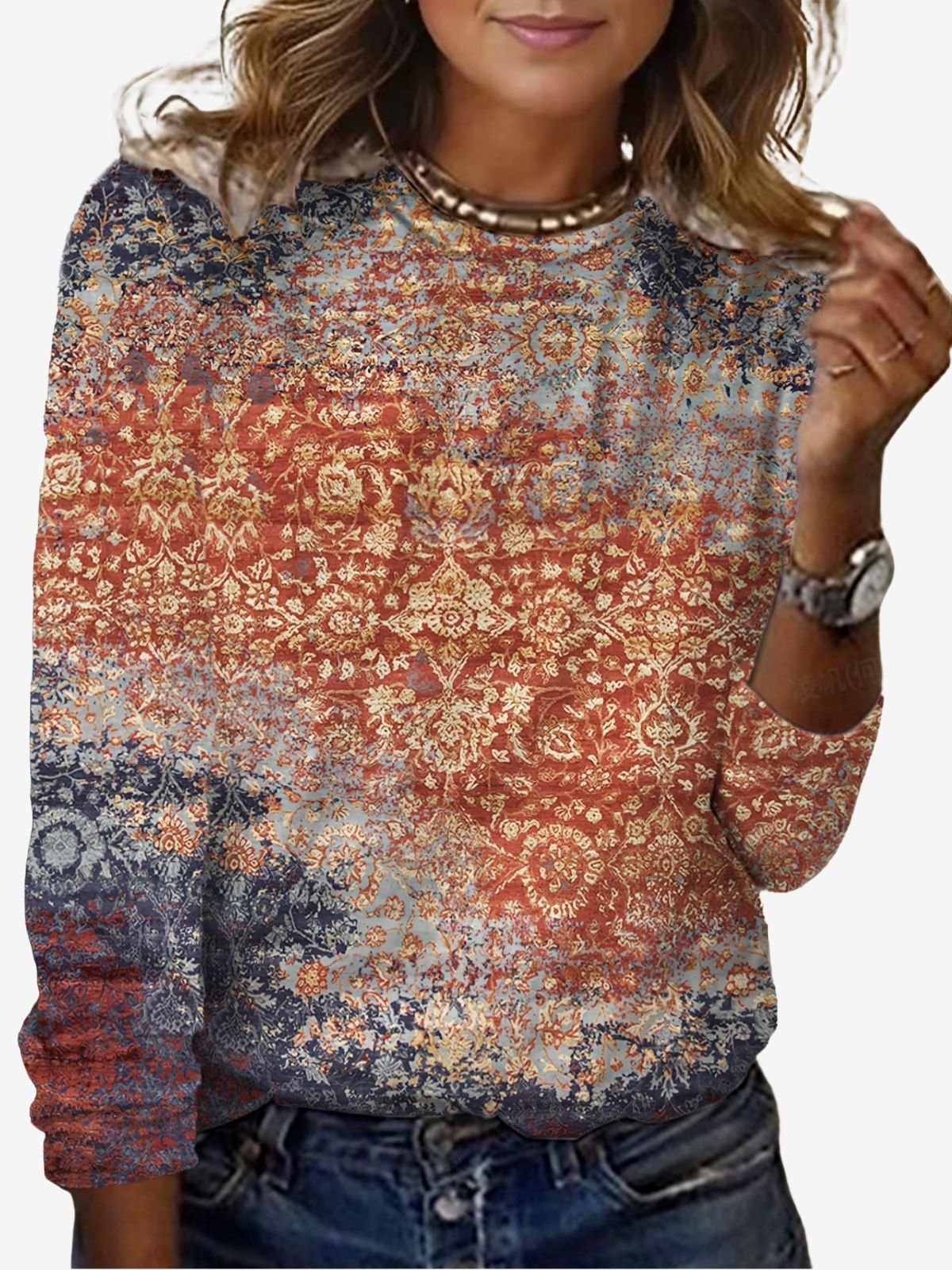 Ethnic Print Long Sleeve Crew Neck T-shirt