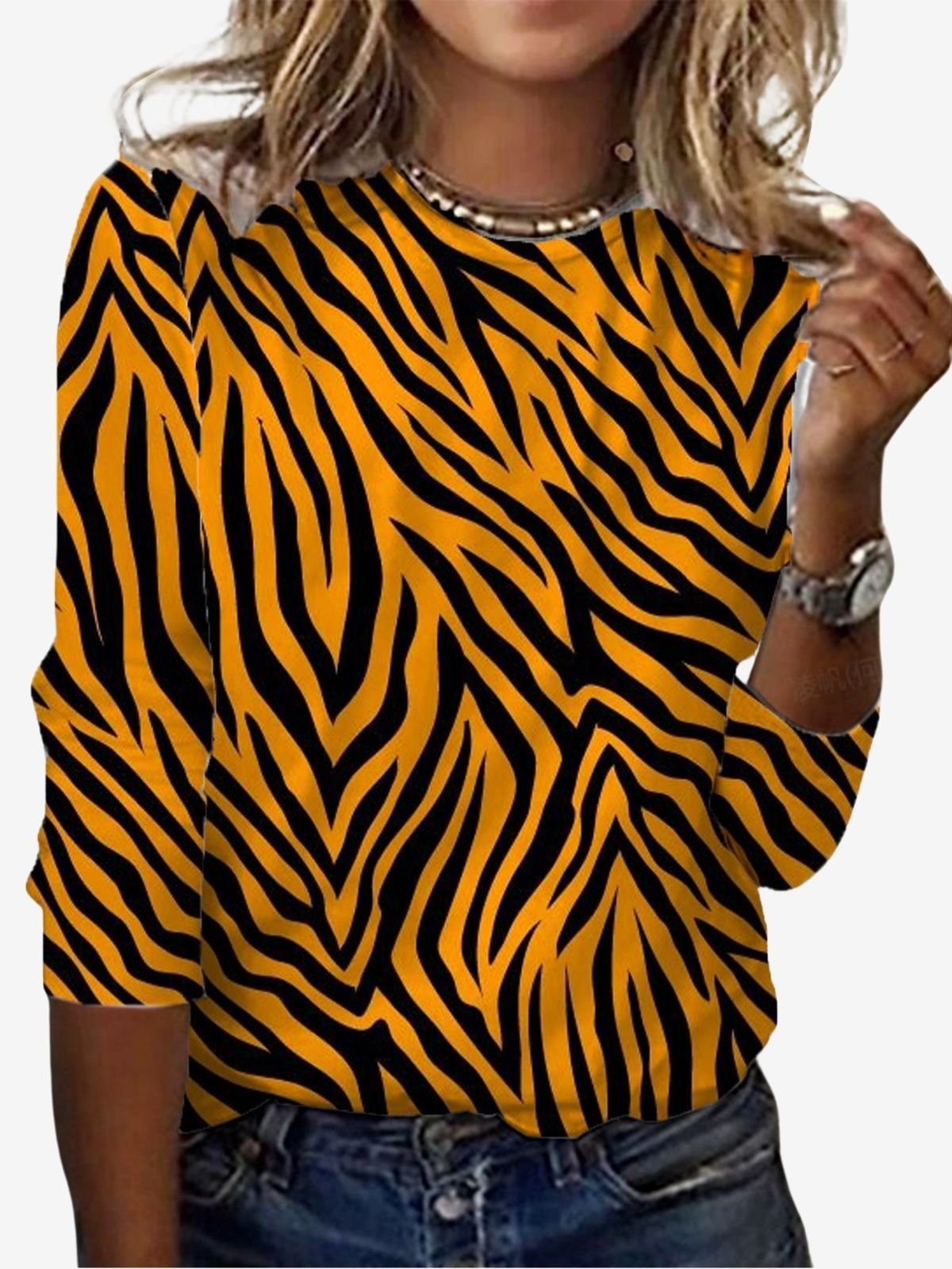 Zebra Print Crew Neck Long Sleeve T-shirt