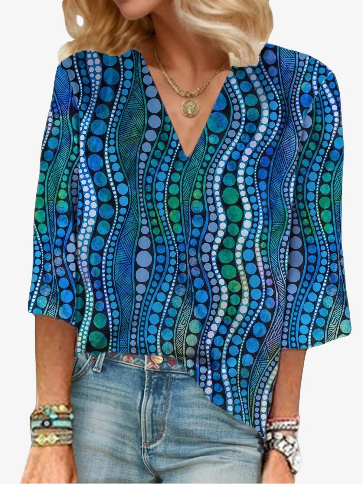 Abstract Print Long-sleeve V-neck Blouse