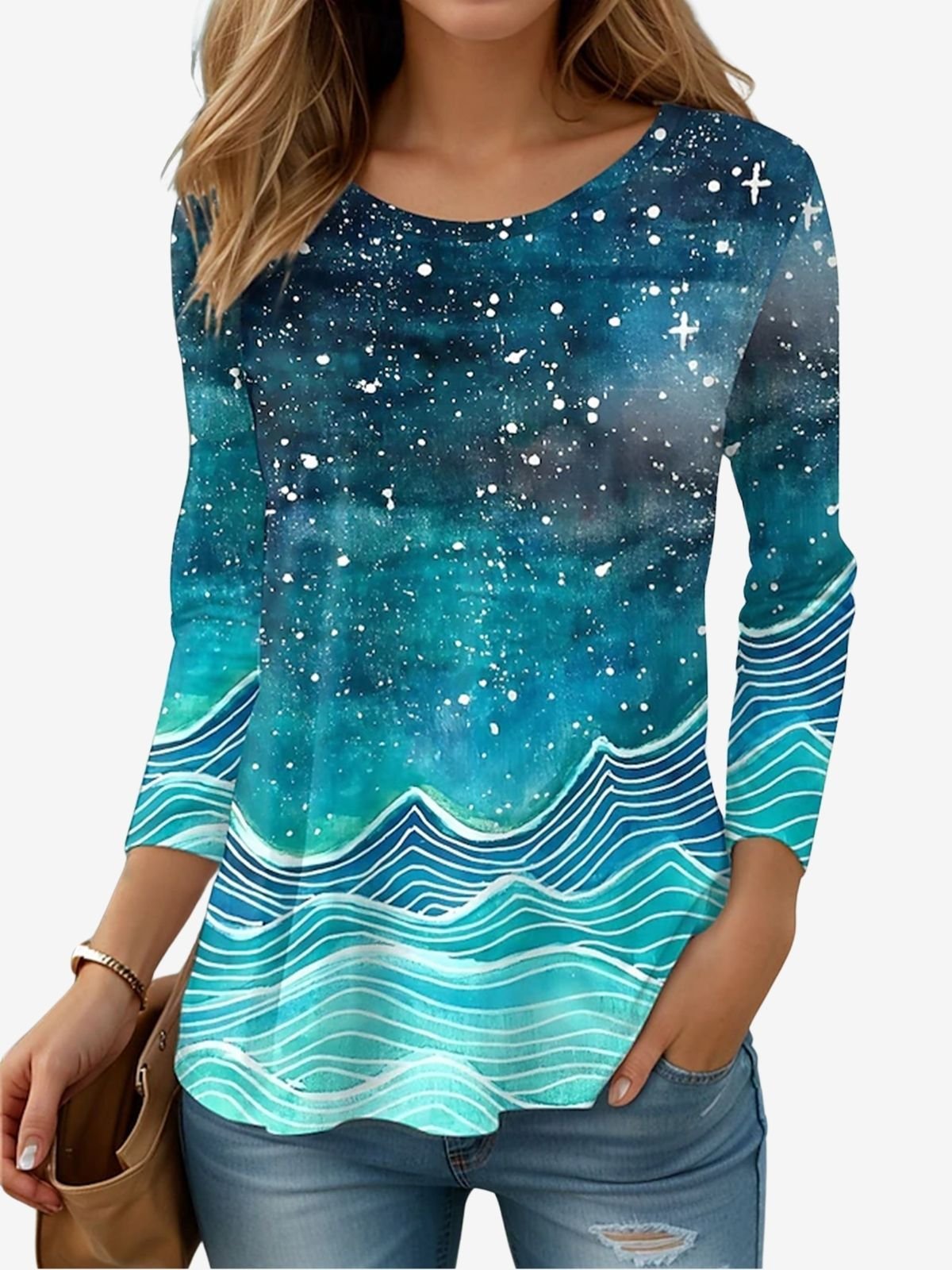 Women's Long Sleeve T-shirt Spring/Fall Blue Abstract Printing Jersey Crew Neck Daily Going Out Casual Top