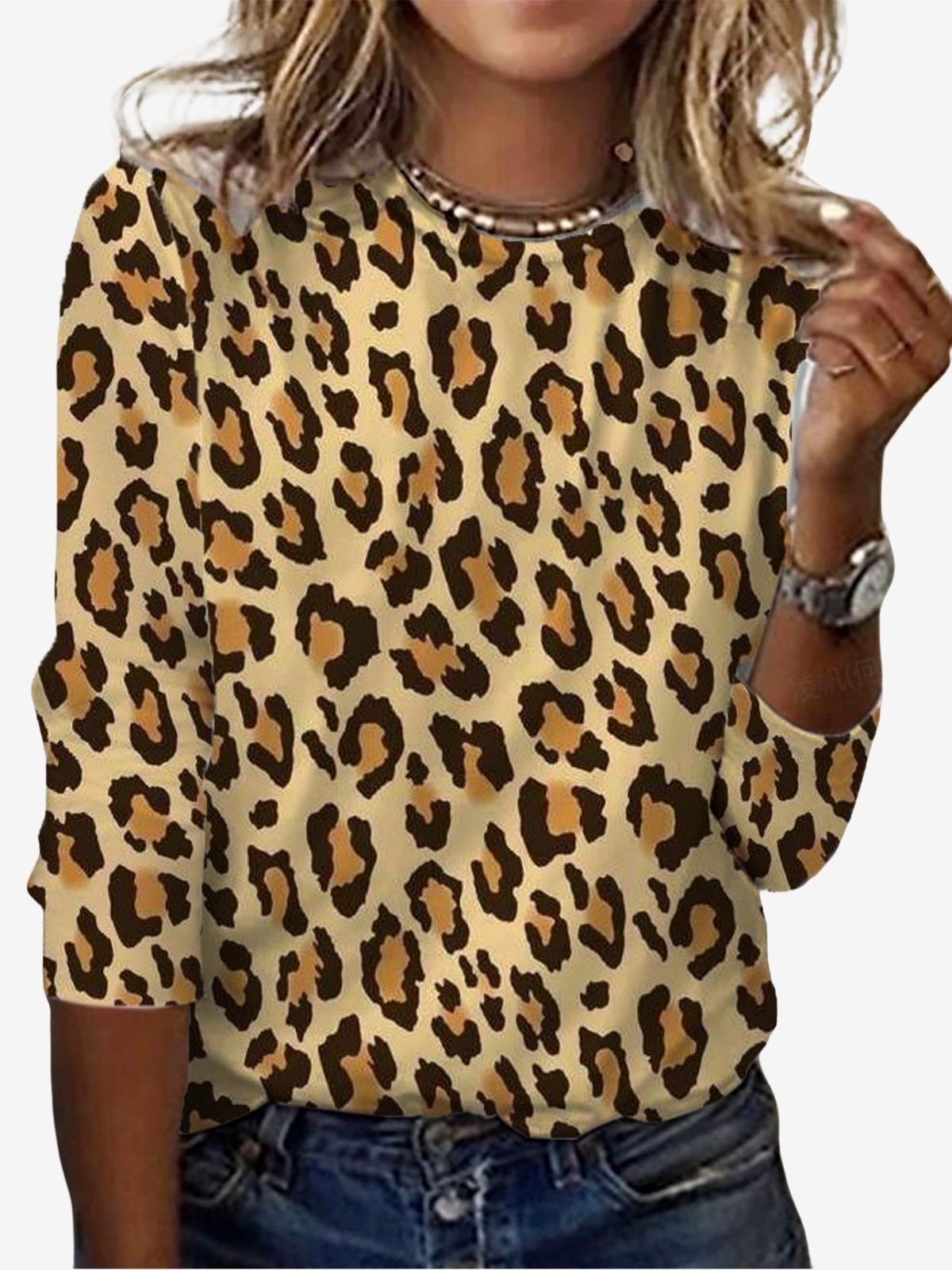 Leopard Print Long Sleeve Crew Neck T-shirt