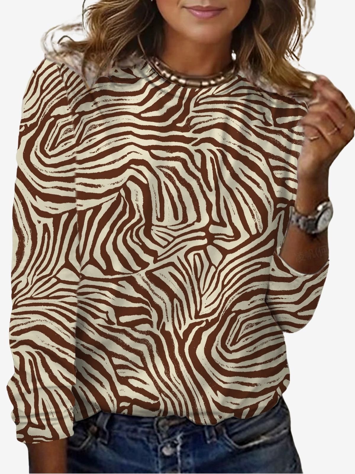 Zebra Print Crew Neck Long Sleeve T-shirt