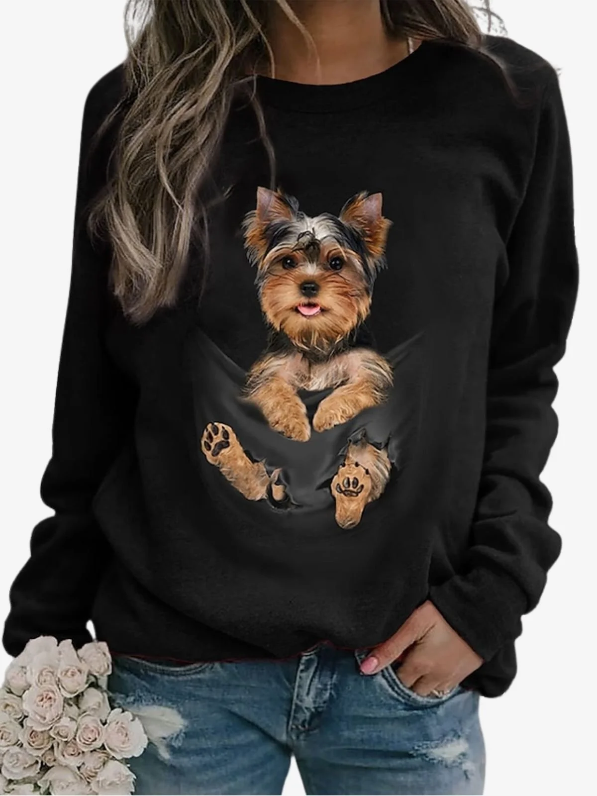 Pocket Dog Design Crew Neck Sweatshirt