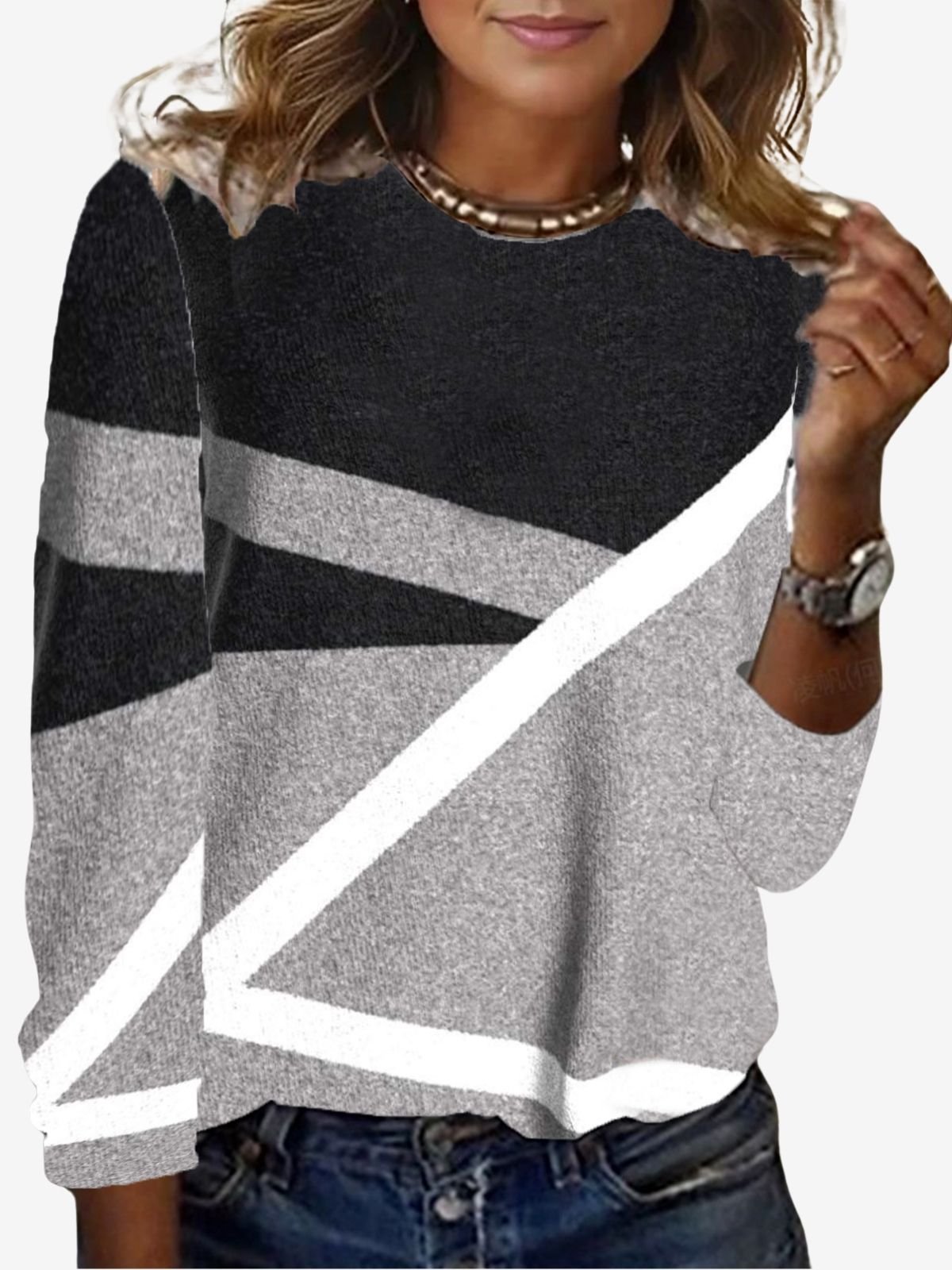 Contrast Print Long Sleeve Crew Neck T-shirt