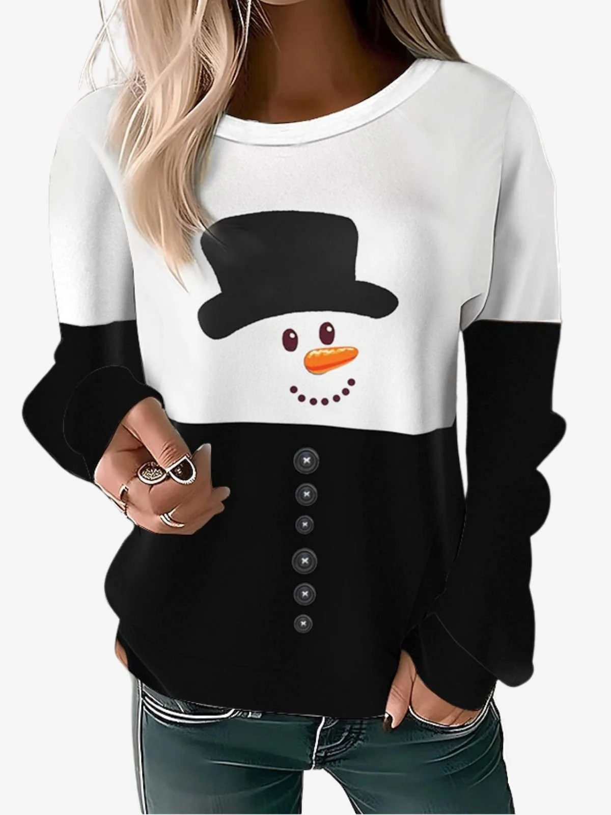 Christmas Snowman Design Round Neck Casual Sweatshirt