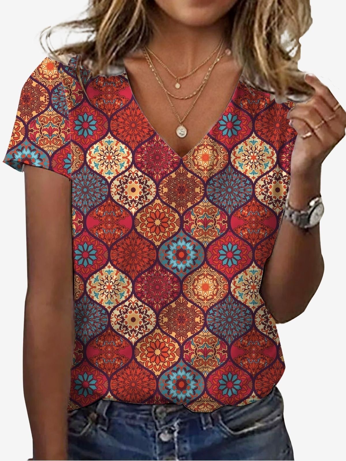 Ethnic Print Short Sleeve V-Neck T-shirt