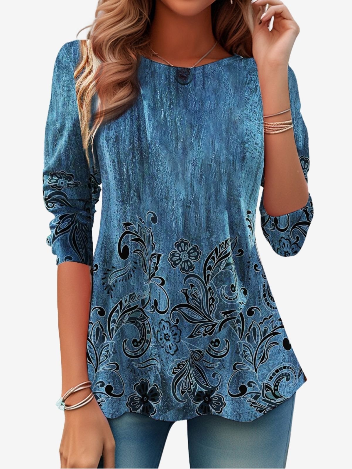 Floral Design Round Neck Casual T-Shirt