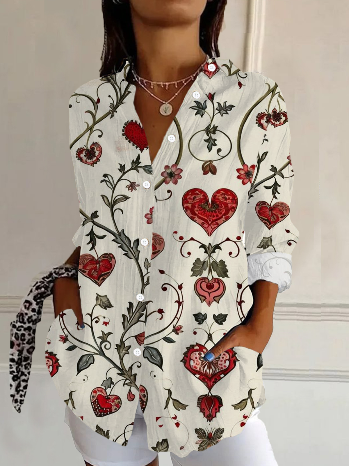 Women's Love Flower Valentine's Day Casual Print Long Sleeve Shirt