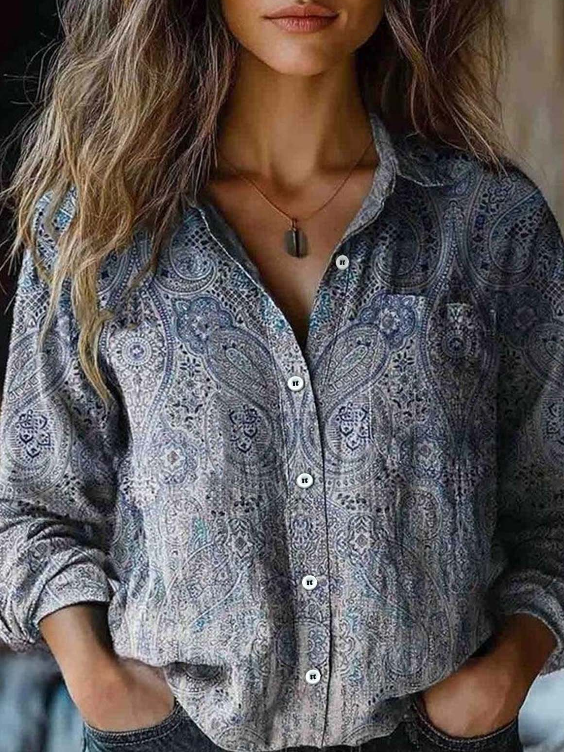 Women Ethnic Shawl Collar Long Sleeve Vintage Daily Spring/Fall Shirt