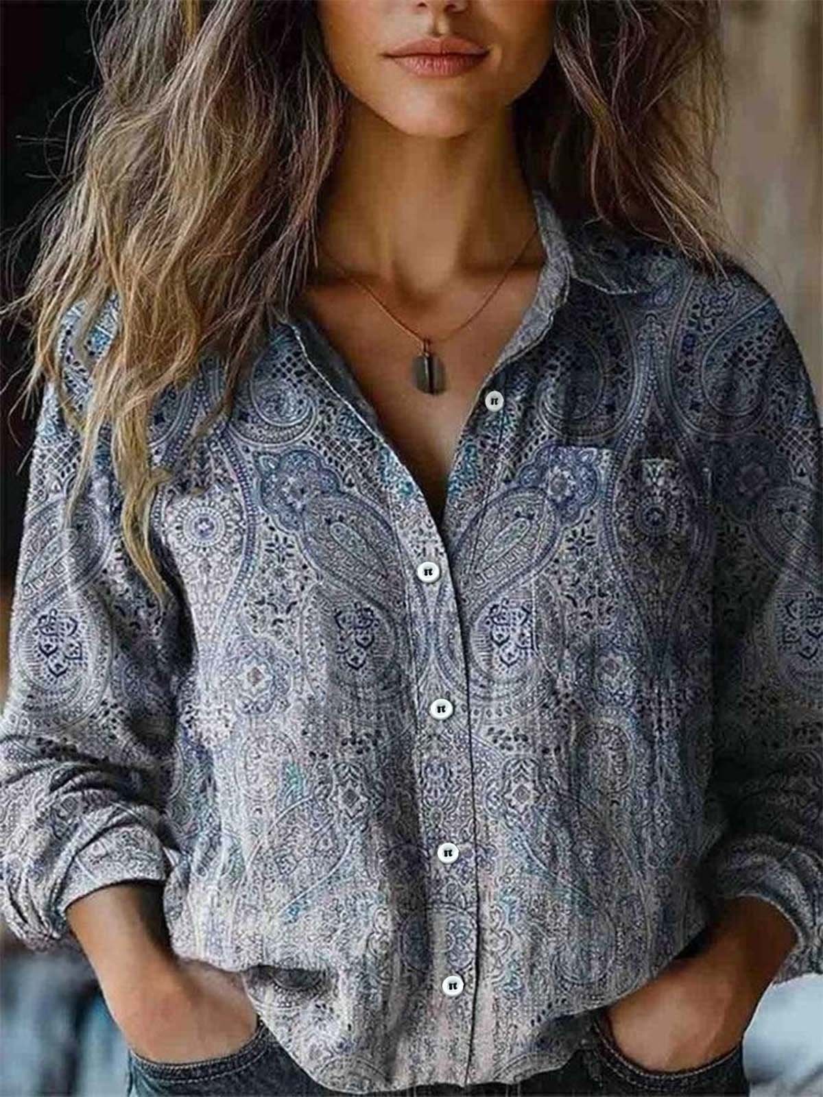 Women Ethnic Shawl Collar Long Sleeve Vintage Daily Spring/Fall Shirt