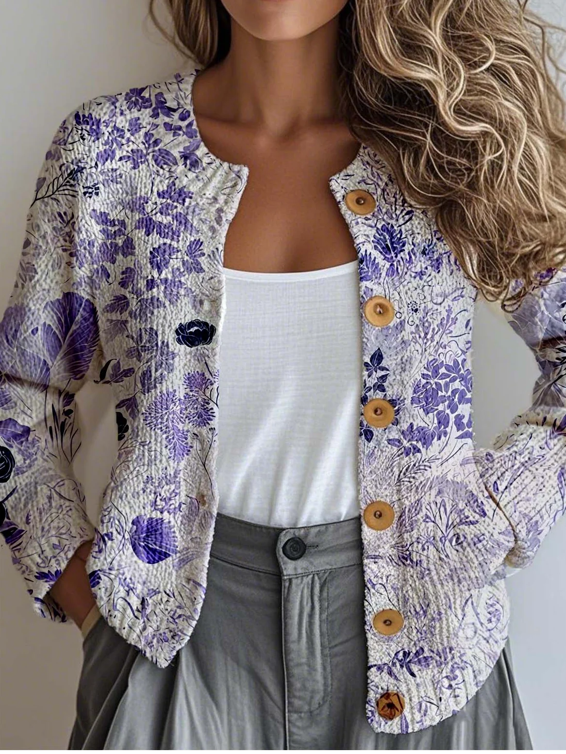 Loose Knitted Casual Crew Neck Cardigan