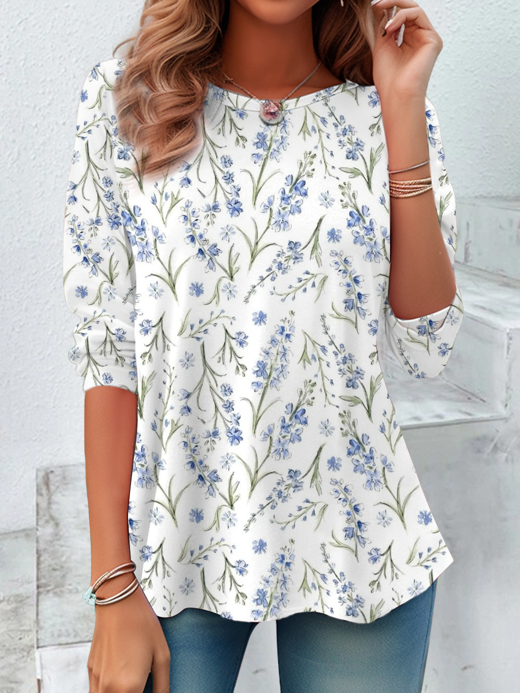 Women's Floral Spring Print Casual Round Neck Tunic Long Sleeve T-Shirt