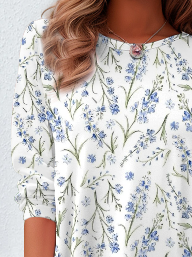 Women's Floral Spring Print Casual Round Neck Tunic Long Sleeve T-Shirt