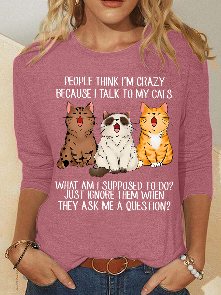 Women Cat Crew Neck Cotton-Blend Long Sleeve Casual Daily Spring/Fall Blouse