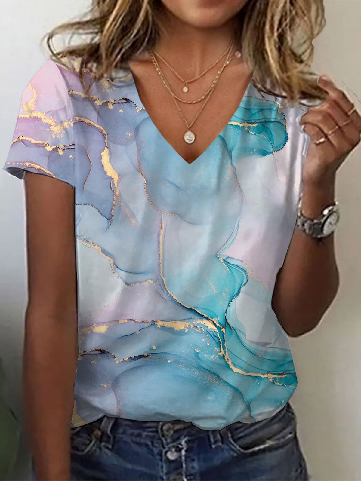 Women's Abstract Print Casual Short Sleeve V-Neck T-Shirt