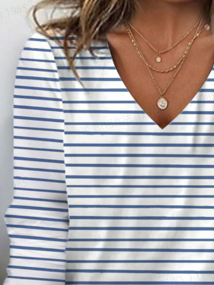 Women's Striped Spring Print Casual V-Neck Long Sleeve T-Shirt