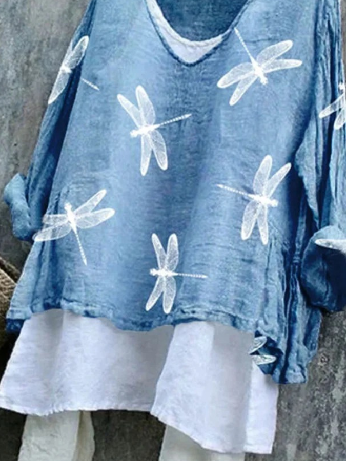 Vintage Dragonfly Cotton V Neck T-Shirt