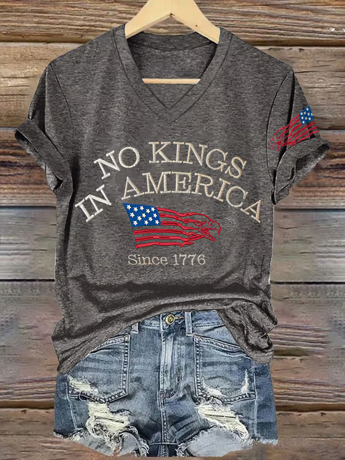 V-neck Retro No Kings In America Since 1776 Print T-Shirt