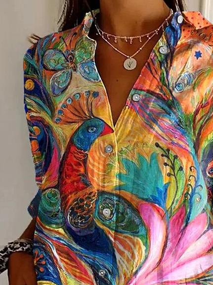 Women's Long Sleeve Shirt Spring/Fall As Picture Phoenix Buckle Shirt Collar Daily Going Out Casual Top