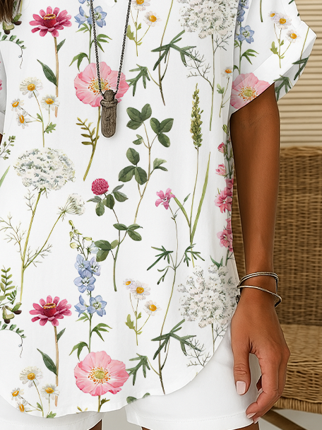 Women's Floral Print Casual V-Neck Short Sleeve Shirt