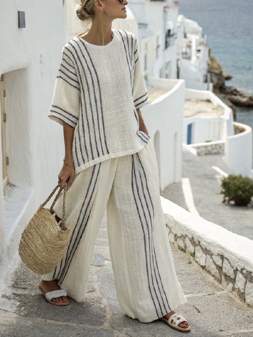 Cotton Loose Crew Neck Casual Two-Piece Set