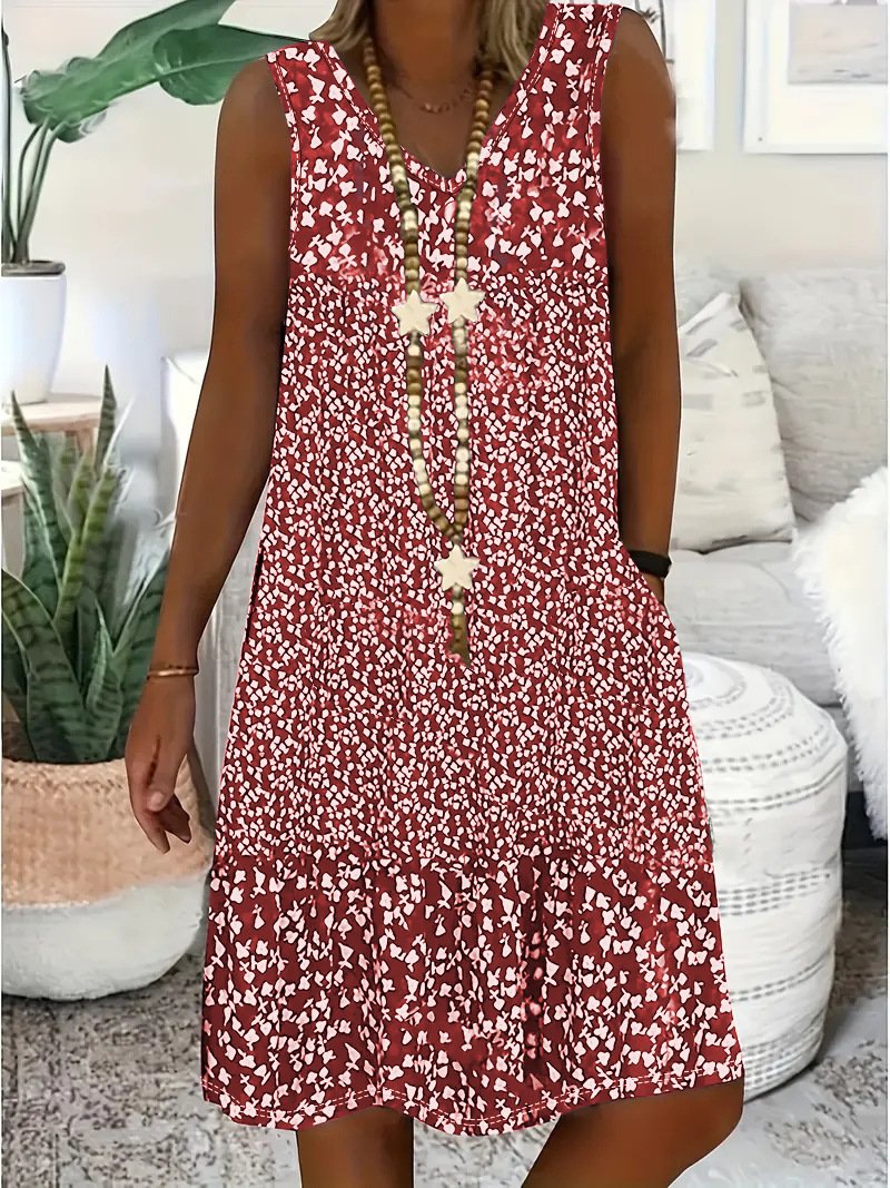 Women Floral Cotton V Neck Casual Summer Daily Midi A-Line Dress