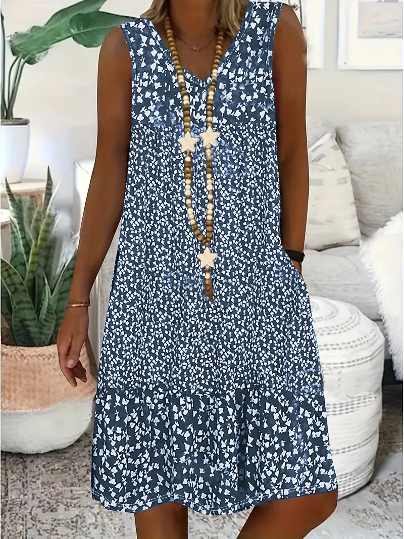 Women Floral Cotton V Neck Casual Summer Daily Midi A-Line Dress